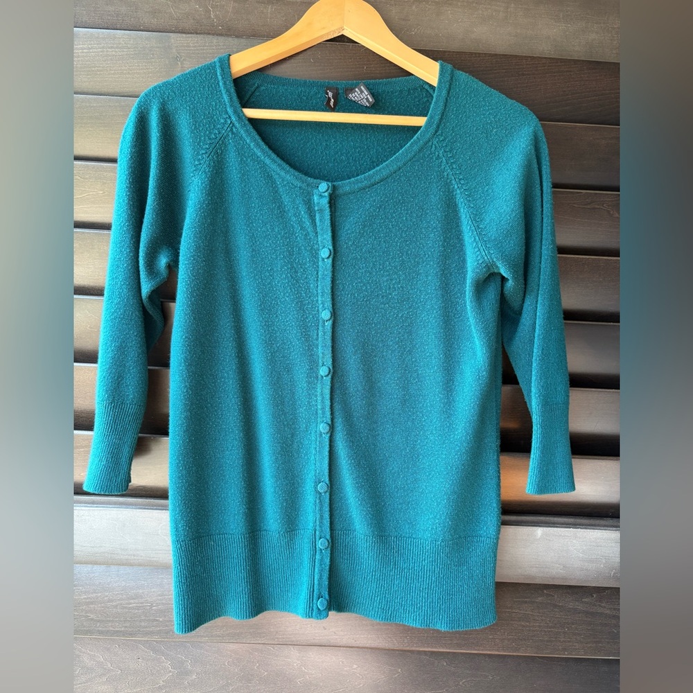 JasonMaxwell Women's Medium Teal Cardigan Buttons 3/4 sleeves